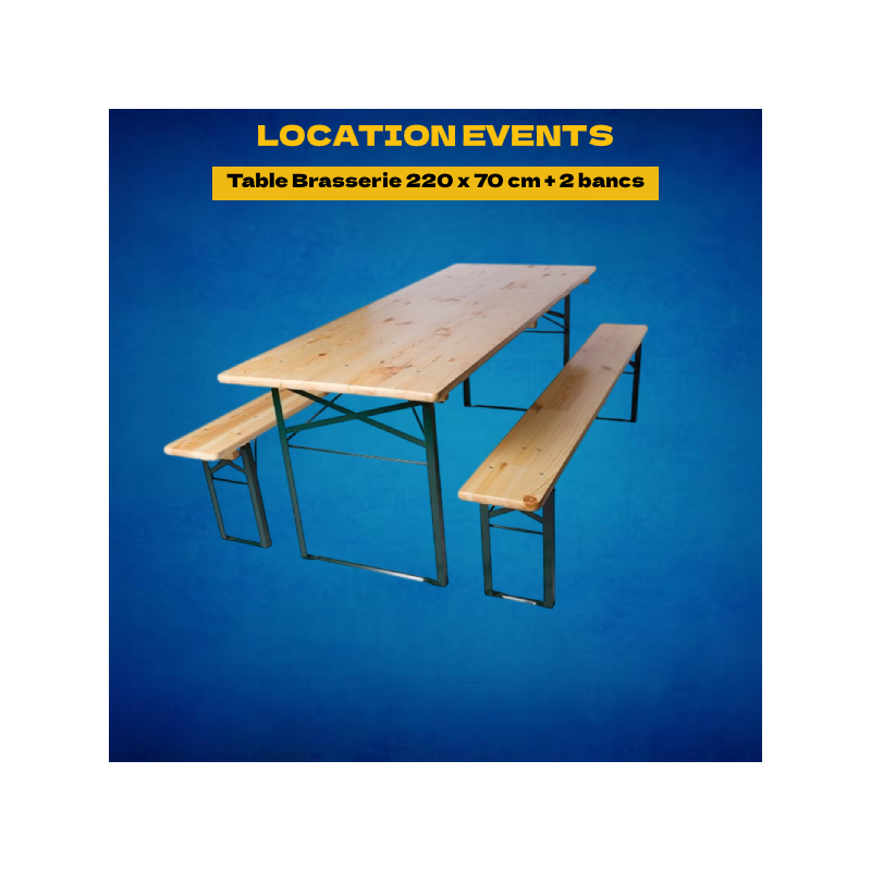 Location Table Brasserie 220 x 70 cm + 2 bancs 220x25 cm